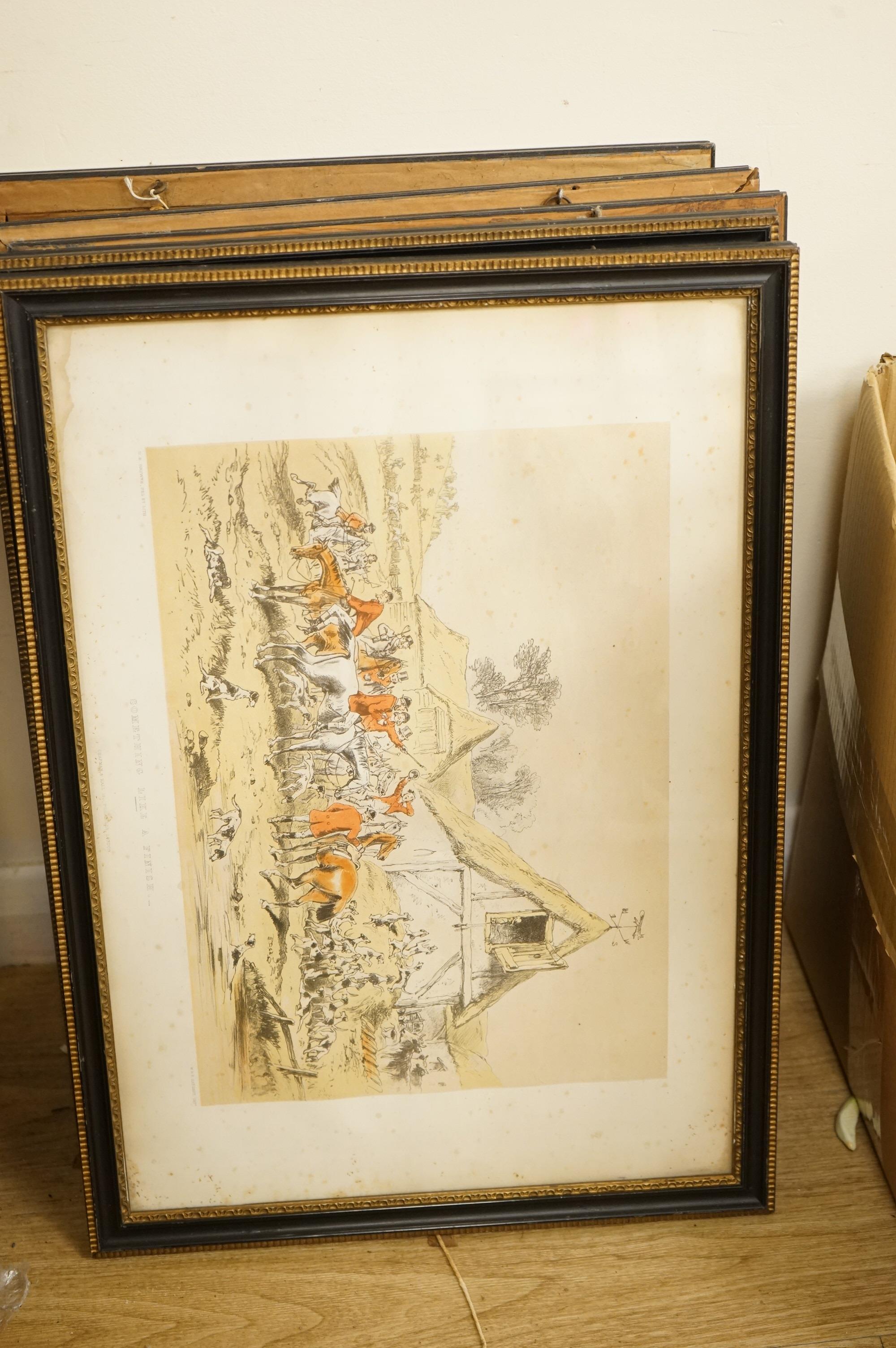 After Hablot Knight Browne (1815-1882), Hunting scenes to include 'Something like a finish', 'Founded' and 'Look before you leap', set of six colour lithographs, each 34 x 50cm